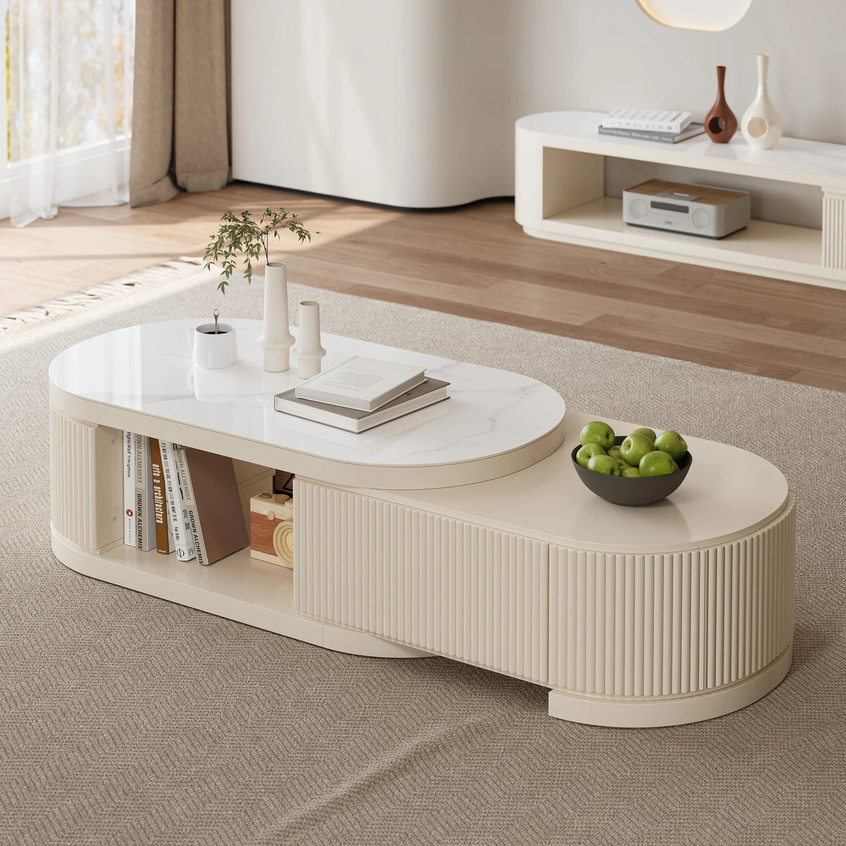Extendable Fluted Coffee Table with Sintered Stone Top & Storage
