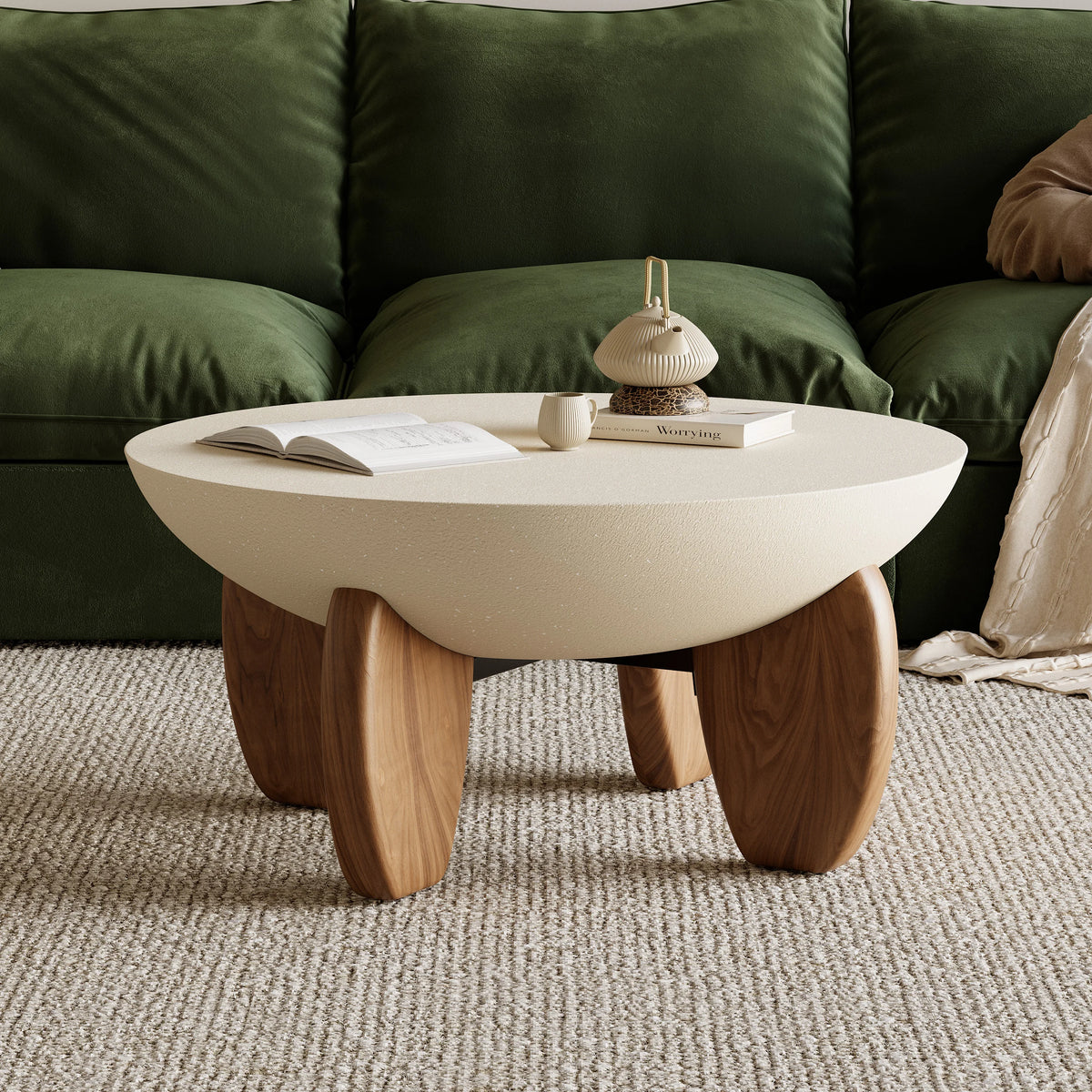 Round Concrete Coffee Table with Ash Wood Legs