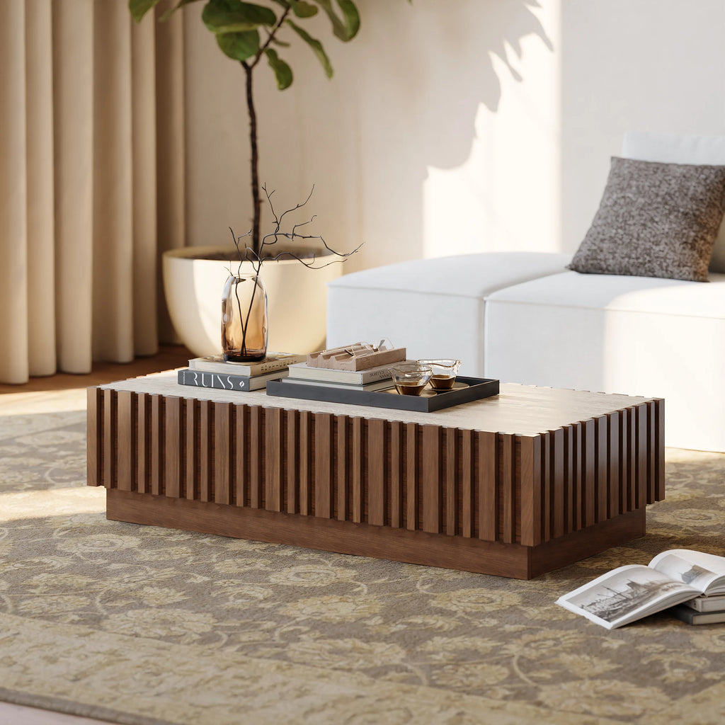 Ash Wood Slatted Coffee Table with Sintered Stone Top