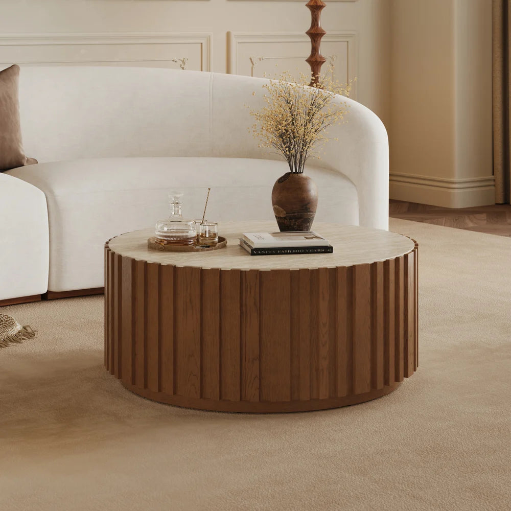 Ash Wood Slatted Round Coffee Table with Sintered Stone Top