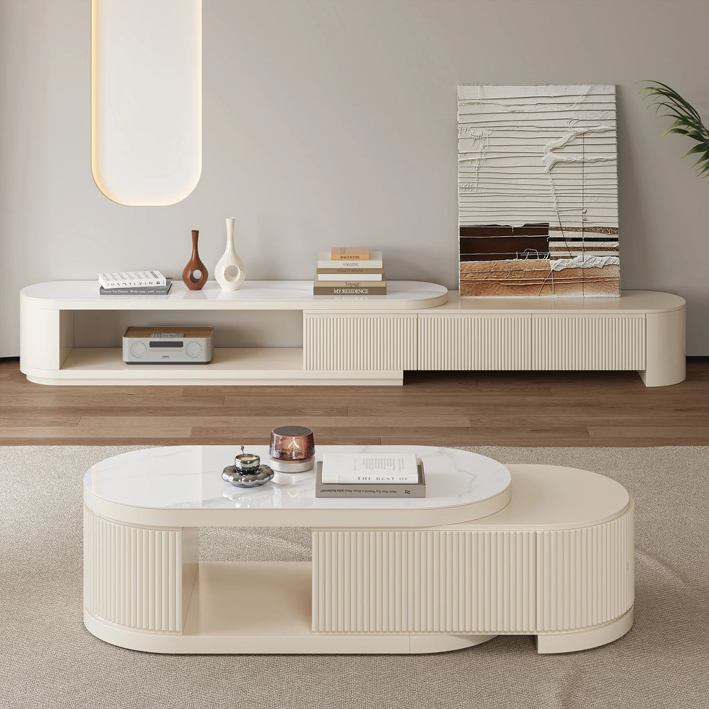 Extendable Fluted Coffee Table with Sintered Stone Top & Storage
