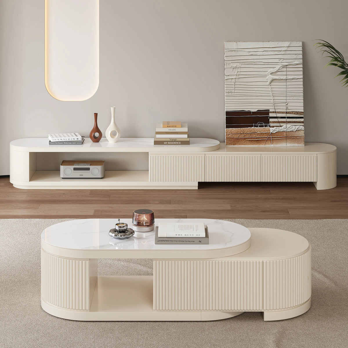 Extendable Fluted Coffee Table with Sintered Stone Top & Storage