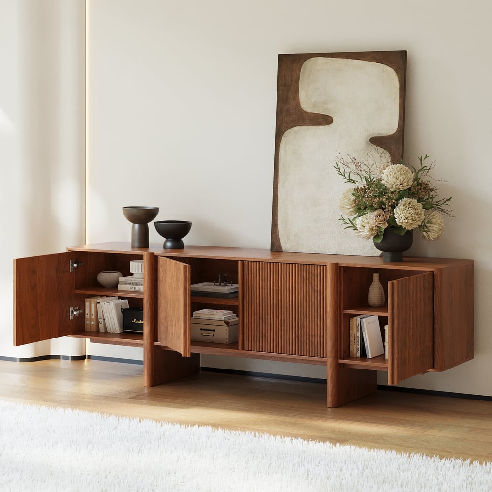 Ash Wood Fluted Walnut TV Stand - fluted door detail