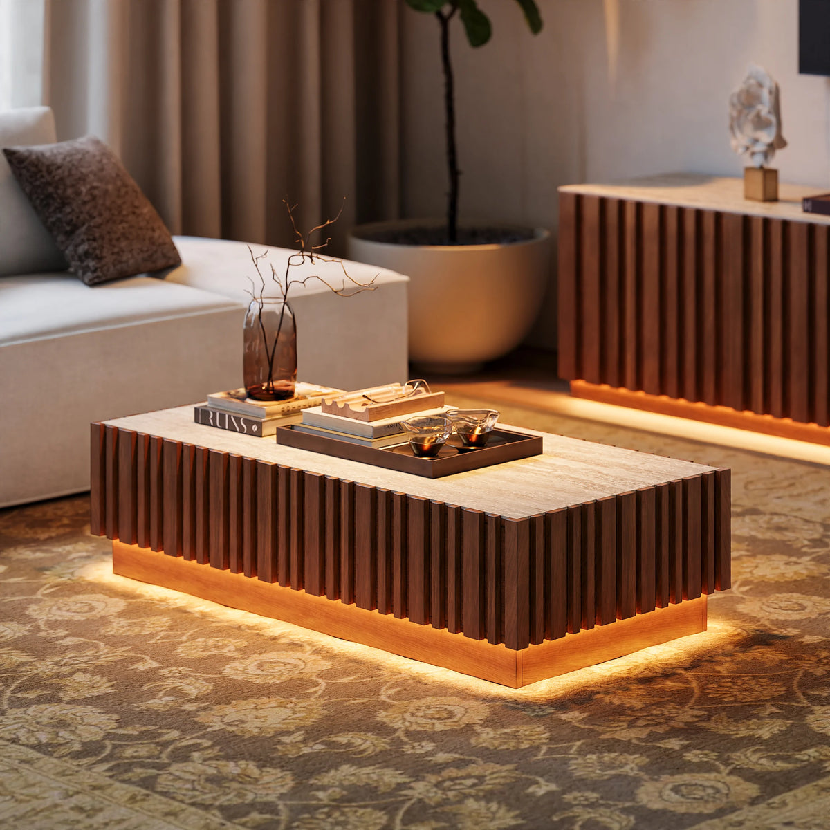 Ash Wood Slatted Coffee Table with Sintered Stone Top