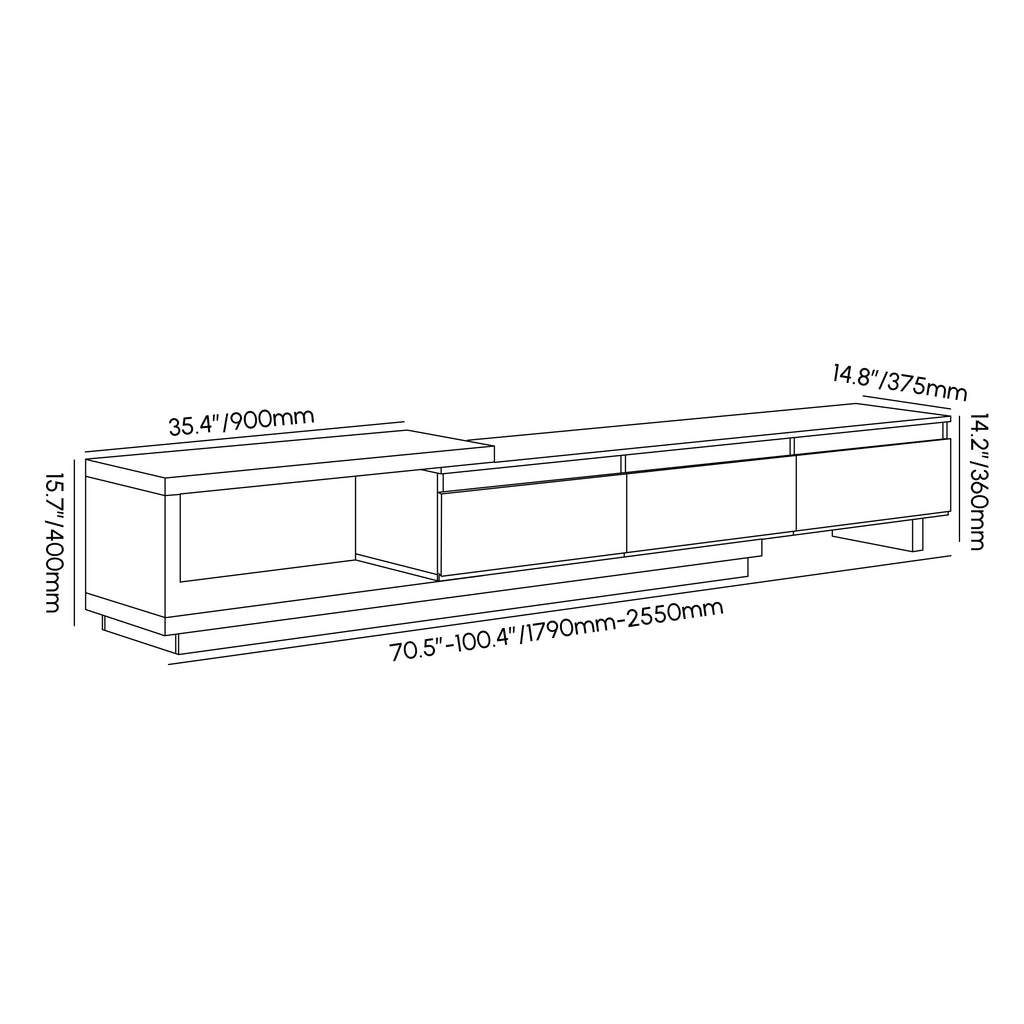 Quoint 71"-100" Extendable TV Stand with 3 Drawers & Light