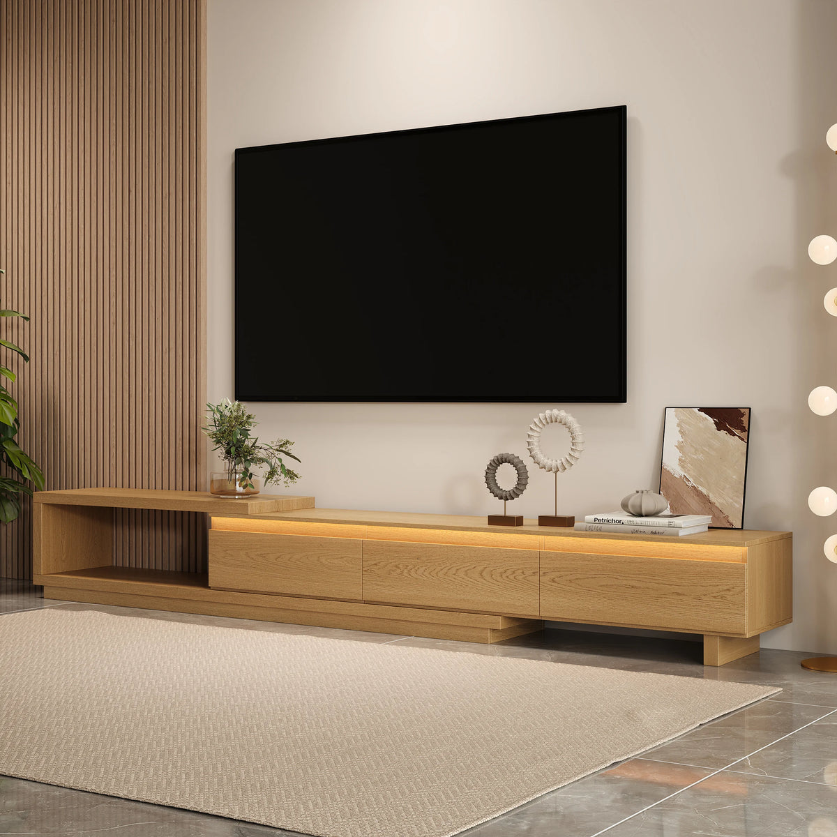 Quoint 71"-100" Extendable TV Stand with 3 Drawers & Light