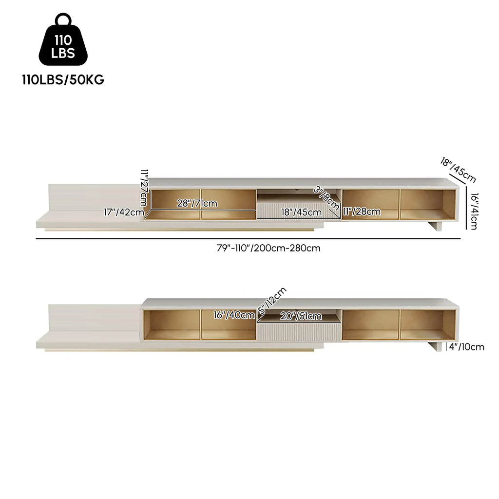 79"-110" Extendable TV Stand with LED Light, Tempered Glass Door Cabinets & Drawer