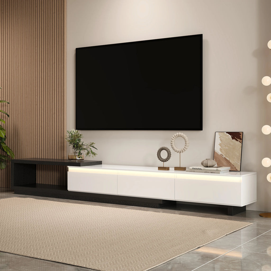 Quoint 71"-100" Extendable TV Stand with 3 Drawers & Light