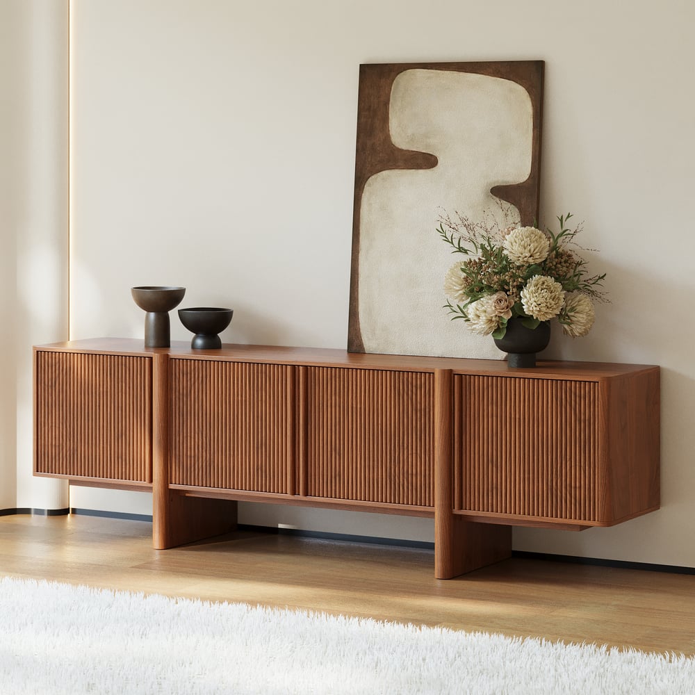 80 inch Ash Wood Fluted Walnut TV Stand - front view