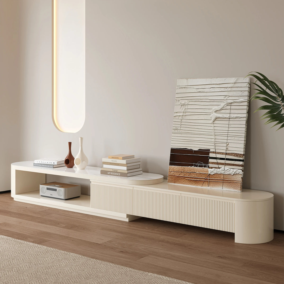 Velar 71"-114" Extendable Fluted TV Stand with Sintered Stone Top & 3 Drawers
