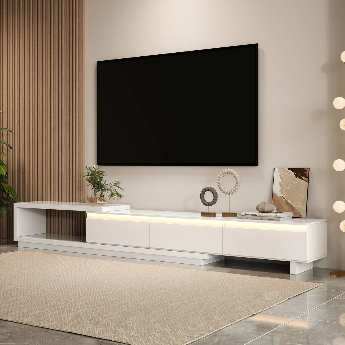 Quoint 71"-100" Extendable TV Stand with 3 Drawers & Light
