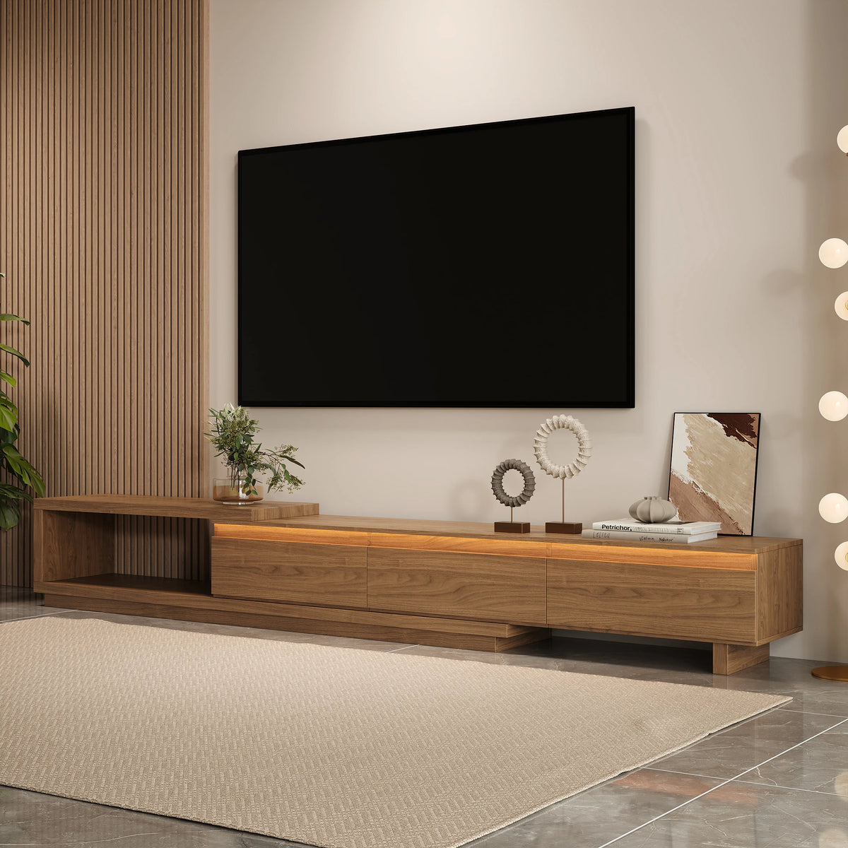 Quoint 71"-100" Extendable TV Stand with 3 Drawers & Light