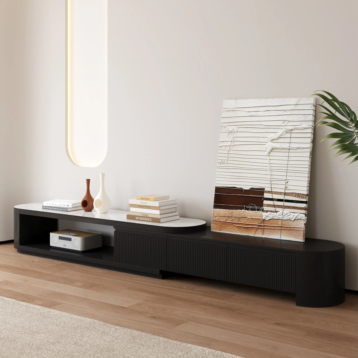 Velar 71"-114" Extendable Fluted TV Stand with Sintered Stone Top & 3 Drawers
