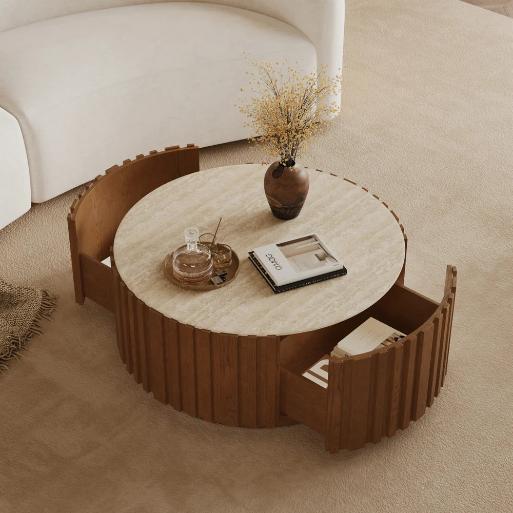Ash Wood Slatted Round Coffee Table with Sintered Stone Top
