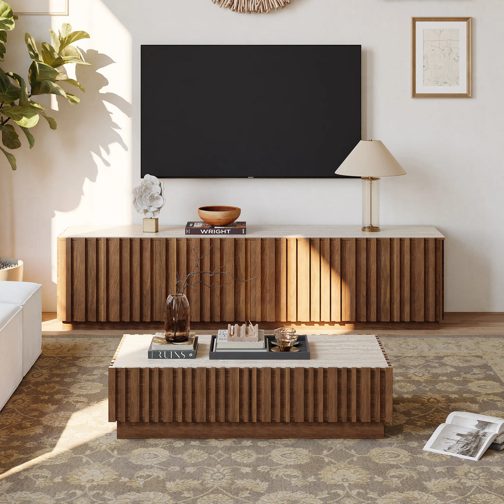 Ash Wood Slatted Coffee Table with Sintered Stone Top