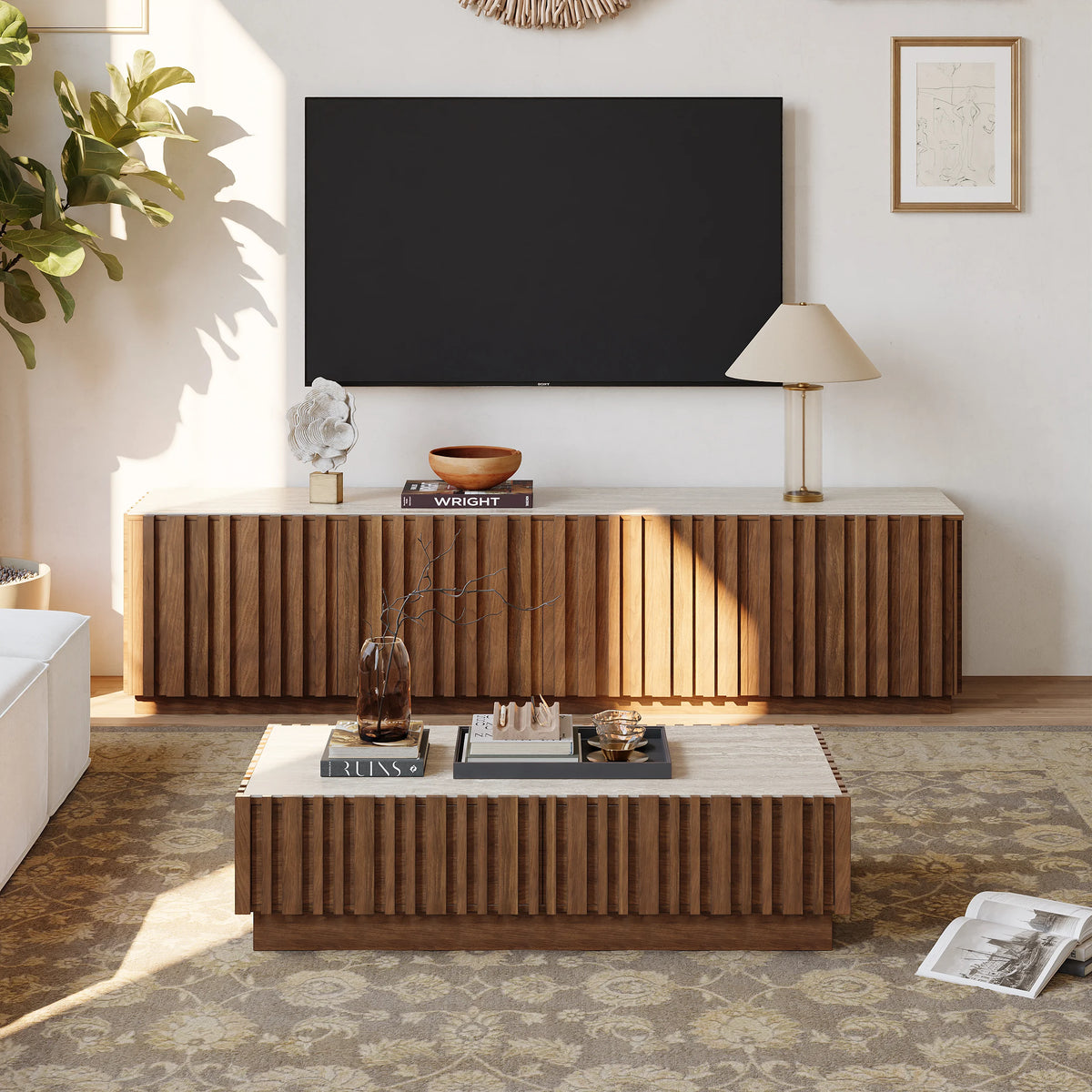 Ash Wood Slatted Coffee Table with Sintered Stone Top