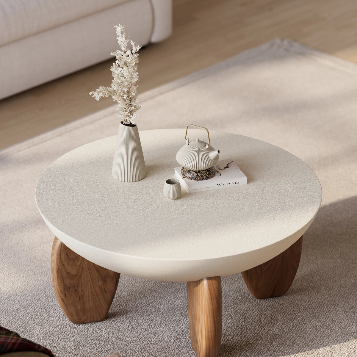 Round Concrete Coffee Table with Ash Wood Legs