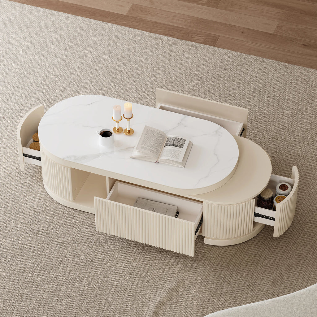 Extendable Fluted Coffee Table with Sintered Stone Top & Storage
