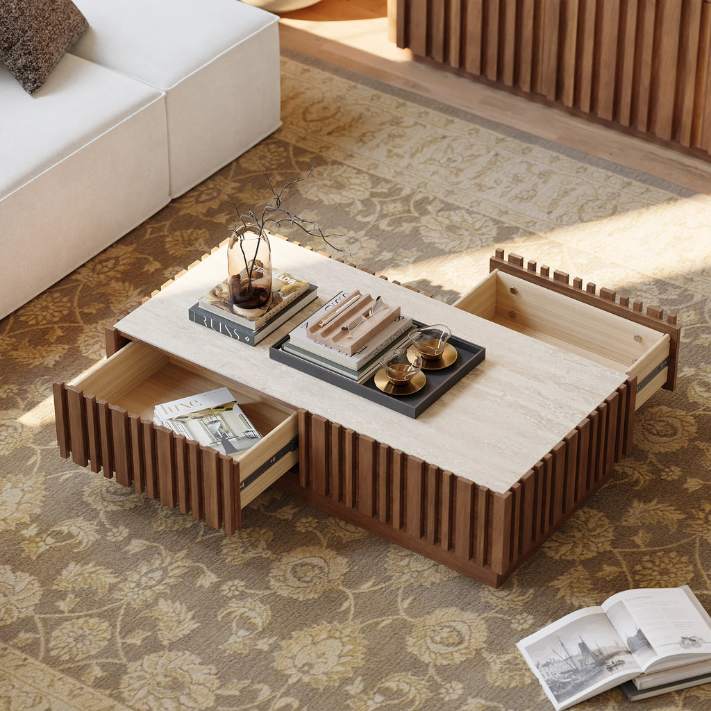 Ash Wood Slatted Coffee Table with Sintered Stone Top