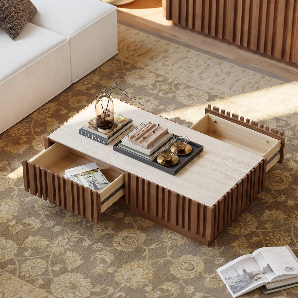 Ash Wood Slatted Coffee Table with Sintered Stone Top