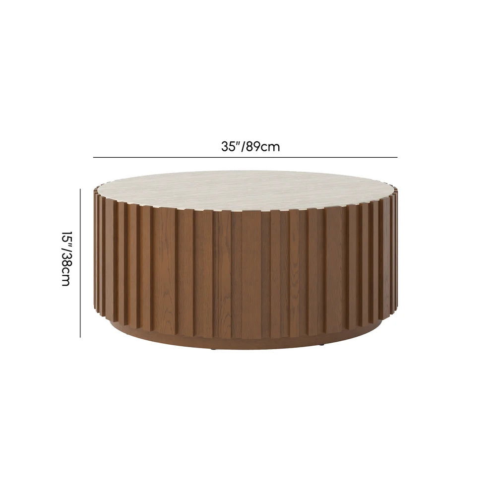 Ash Wood Slatted Round Coffee Table with Sintered Stone Top