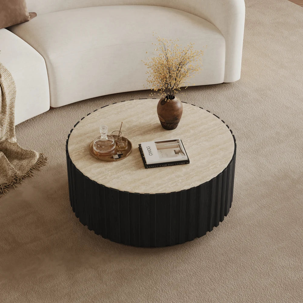 Ash Wood Slatted Round Coffee Table with Sintered Stone Top