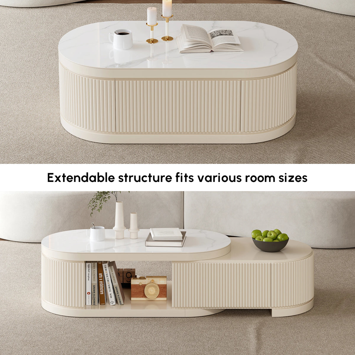 Extendable Fluted Coffee Table with Sintered Stone Top & Storage