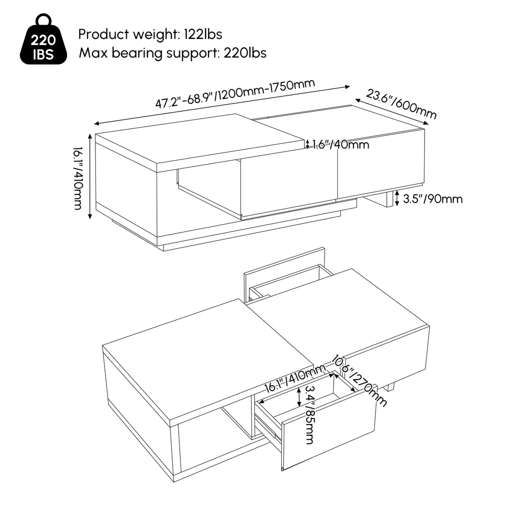 xtendable Coffee Table with 2 Drawers