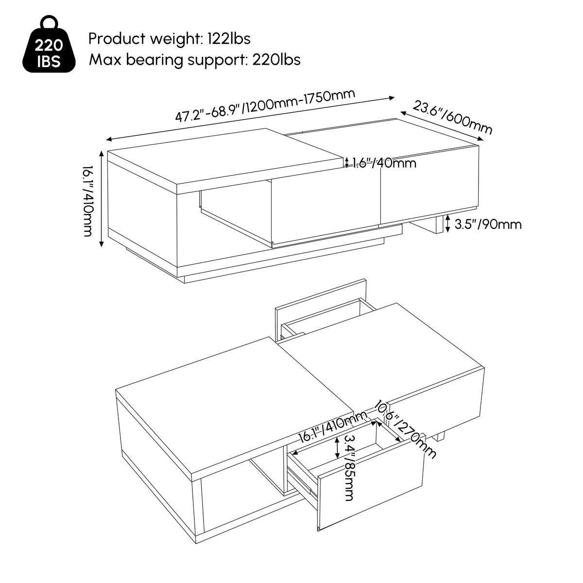 xtendable Coffee Table with 2 Drawers