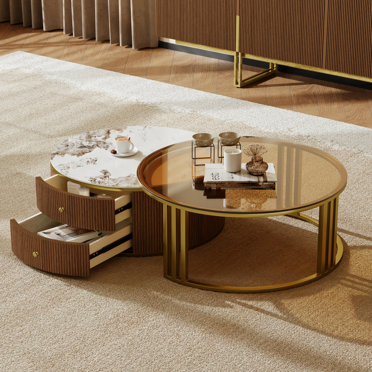 Round Nesting Coffee Table Set with Sintered Stone Top