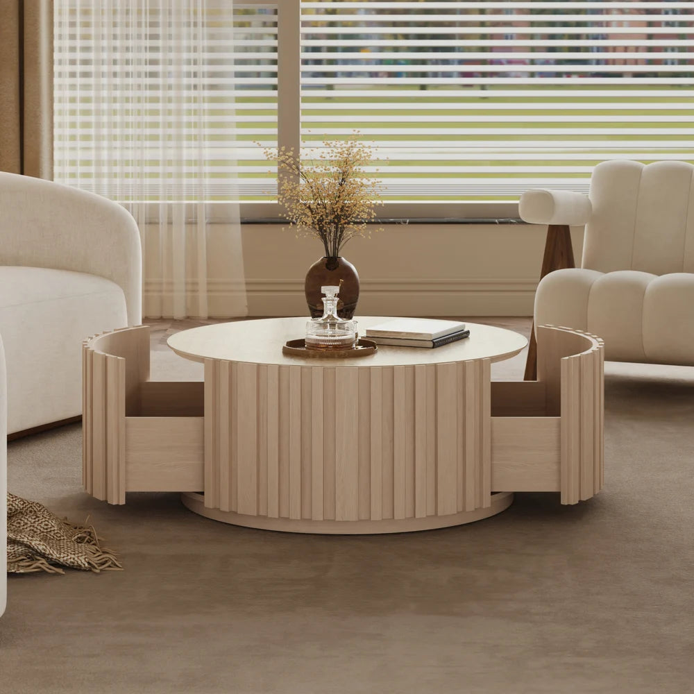 Ash Wood Slatted Round Coffee Table with Sintered Stone Top