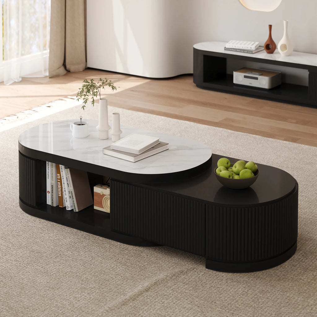 Extendable Fluted Coffee Table with Sintered Stone Top & Storage