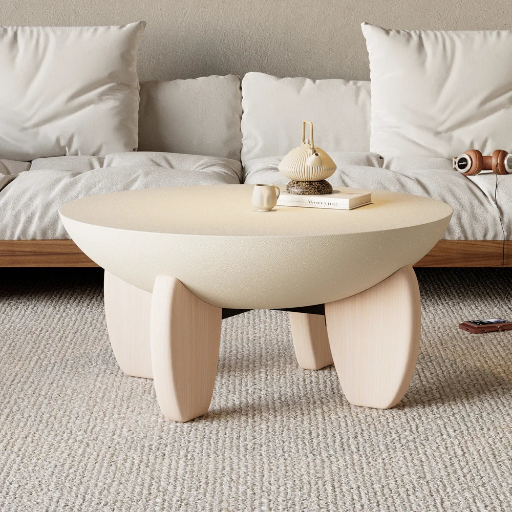 Round Concrete Coffee Table with Ash Wood Legs