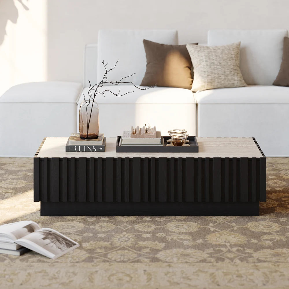 Ash Wood Slatted Coffee Table with Sintered Stone Top