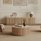 Ash Wood Slatted Round Coffee Table with Sintered Stone Top