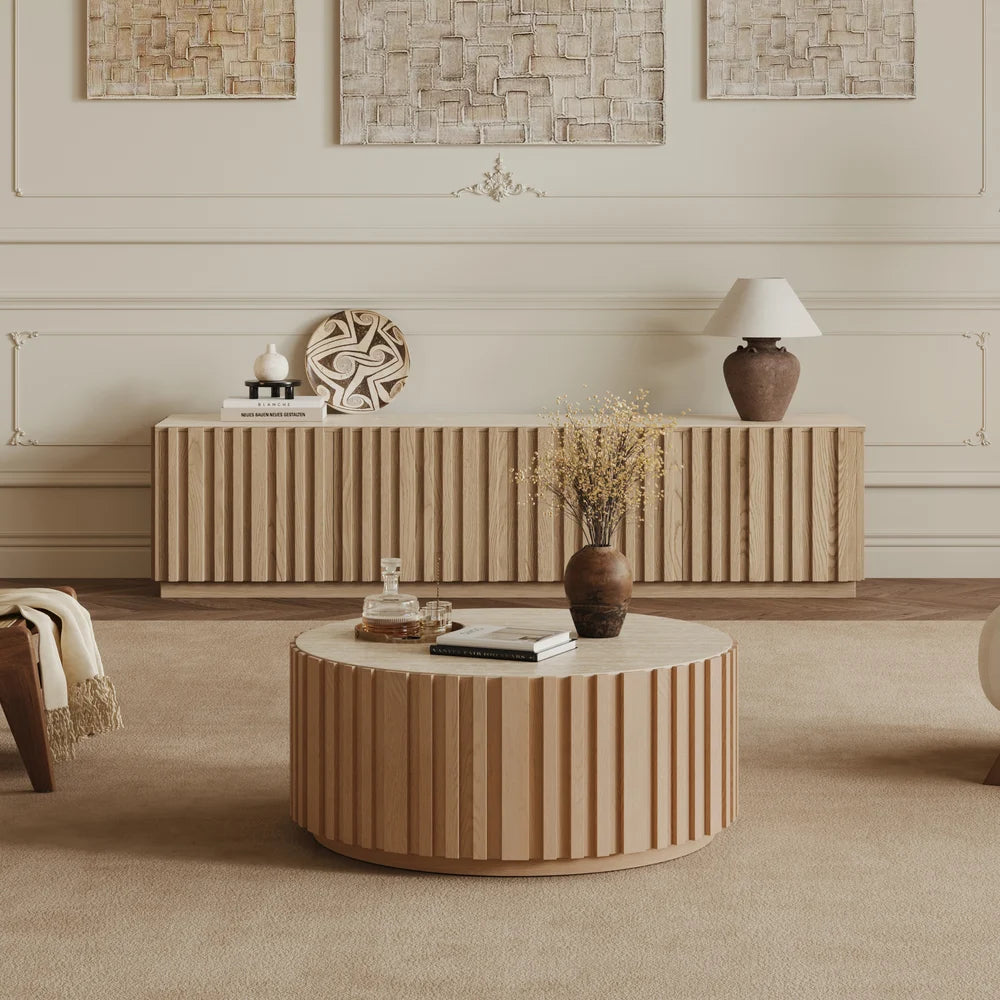 Ash Wood Slatted Round Coffee Table with Sintered Stone Top