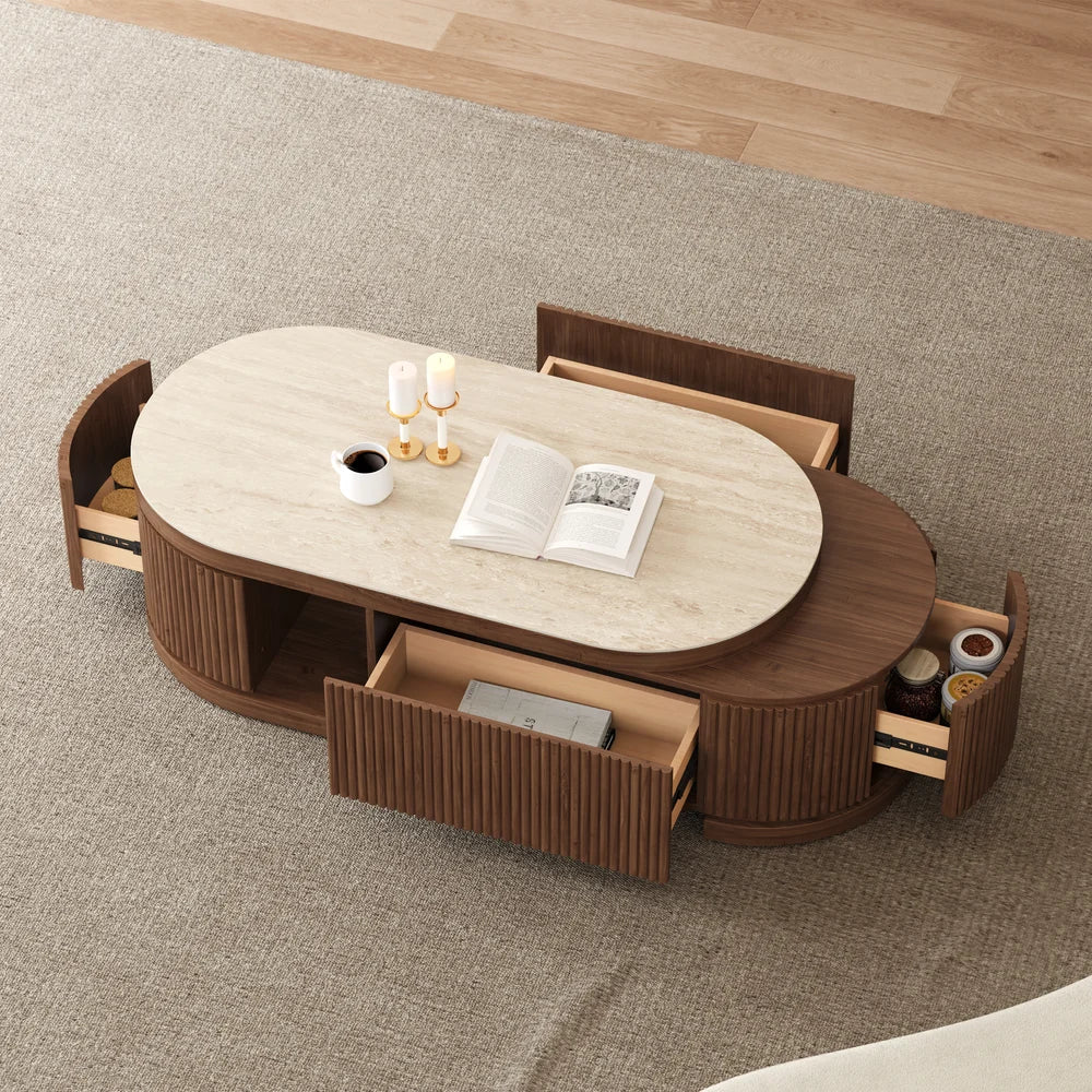 Extendable Fluted Coffee Table with Sintered Stone Top & Storage