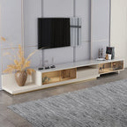 79"-110" Extendable TV Stand with LED Light, Tempered Glass Door Cabinets & Drawer