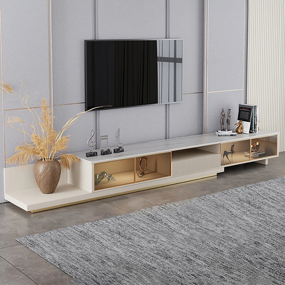 79"-110" Extendable TV Stand with LED Light, Tempered Glass Door Cabinets & Drawer