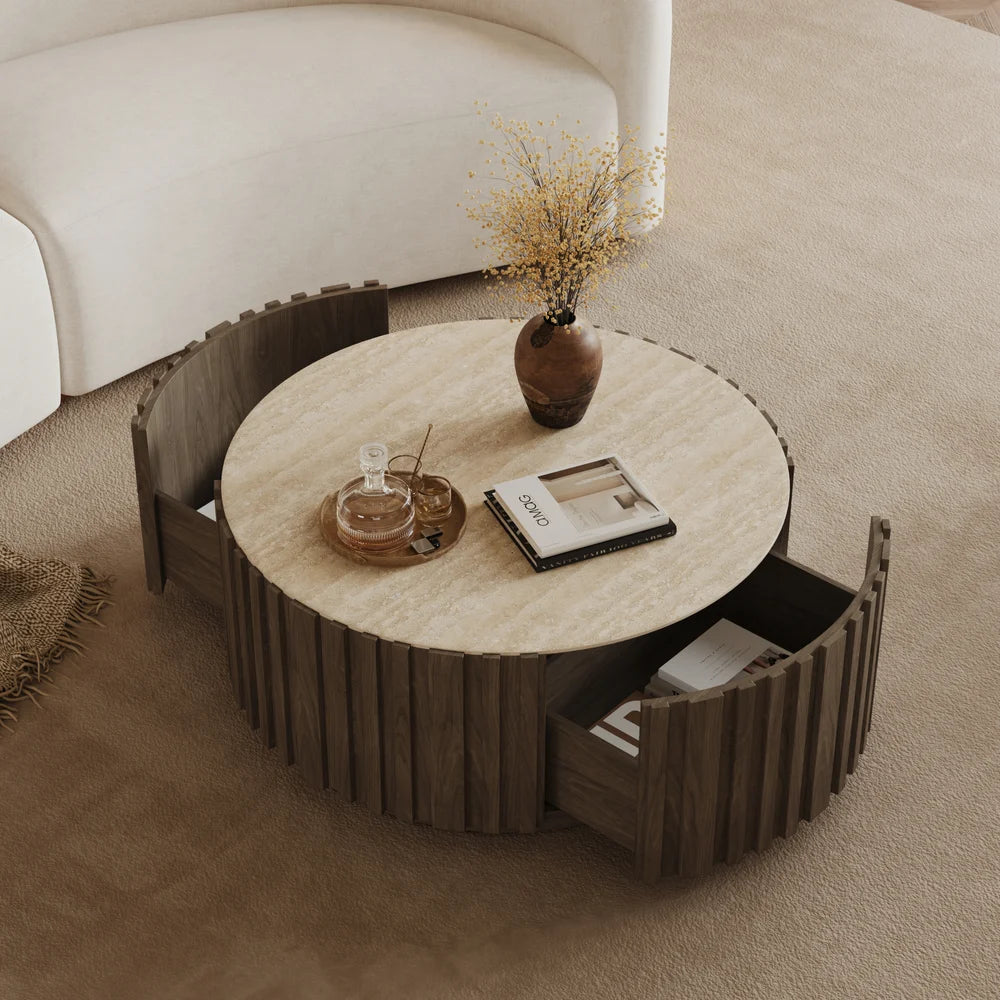 Ash Wood Slatted Round Coffee Table with Sintered Stone Top