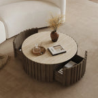 Ash Wood Slatted Round Coffee Table with Sintered Stone Top