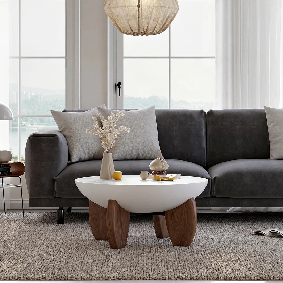 Round Concrete Coffee Table with Ash Wood Legs