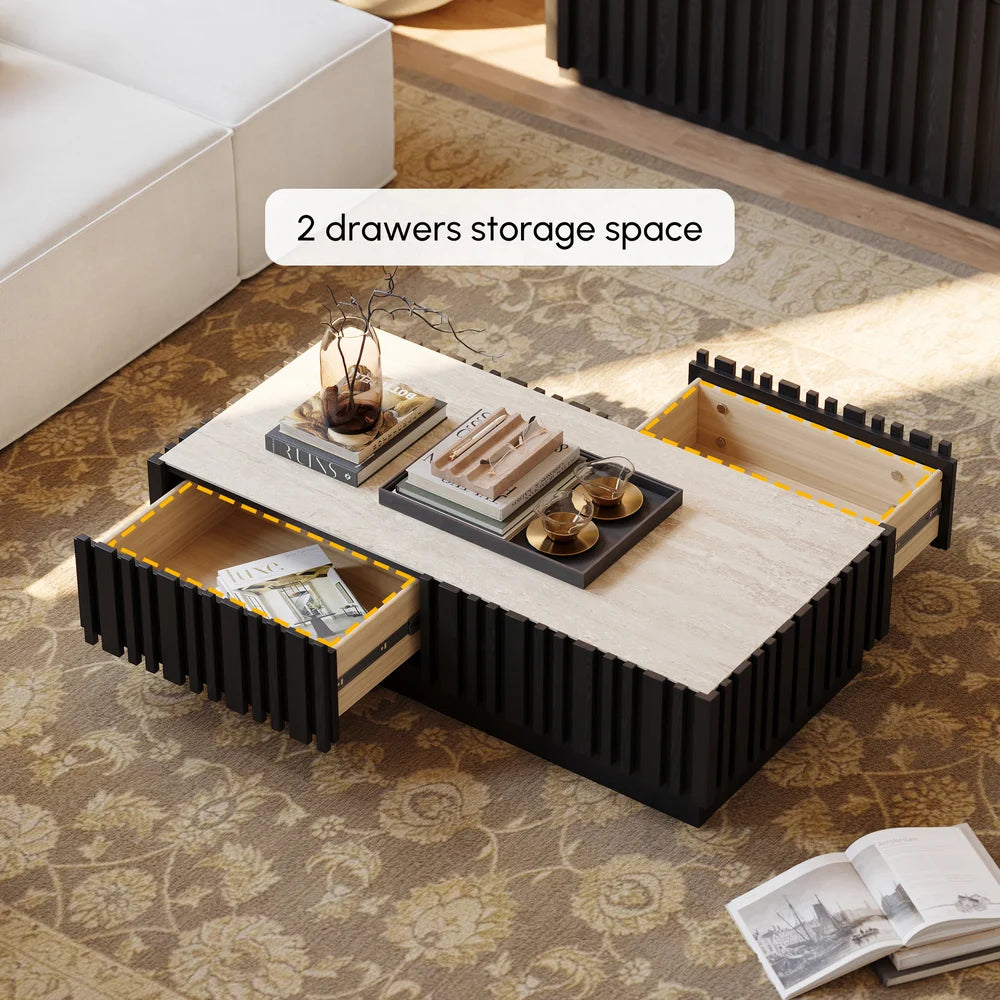 Ash Wood Slatted Coffee Table with Sintered Stone Top