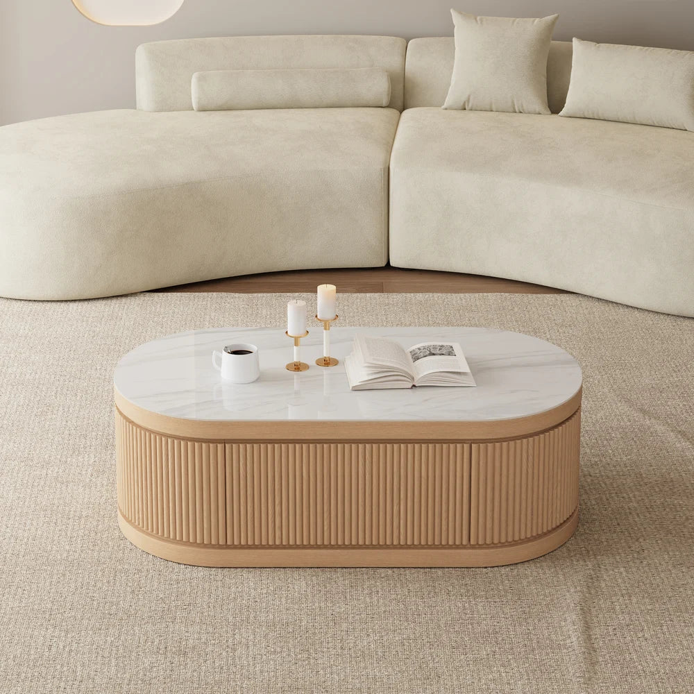 Extendable Fluted Coffee Table with Sintered Stone Top & Storage