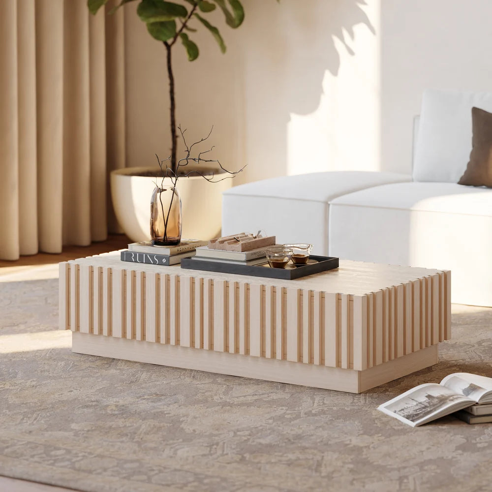 Ash Wood Slatted Coffee Table with Sintered Stone Top