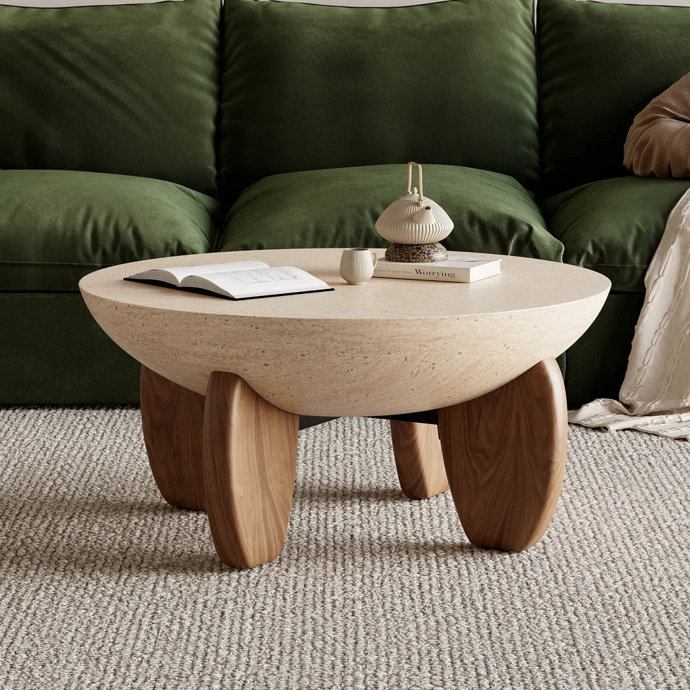 Round Concrete Coffee Table with Ash Wood Legs