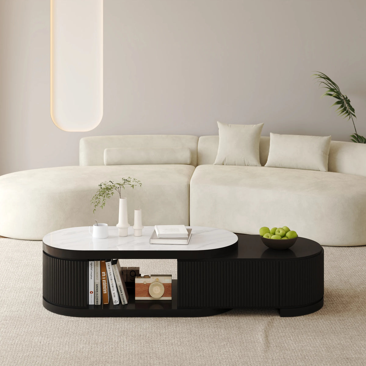 Extendable Fluted Coffee Table with Sintered Stone Top & Storage