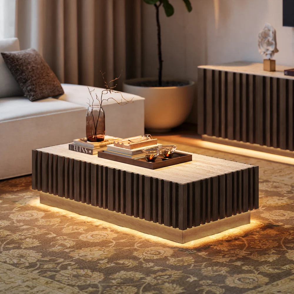 Ash Wood Slatted Coffee Table with Sintered Stone Top