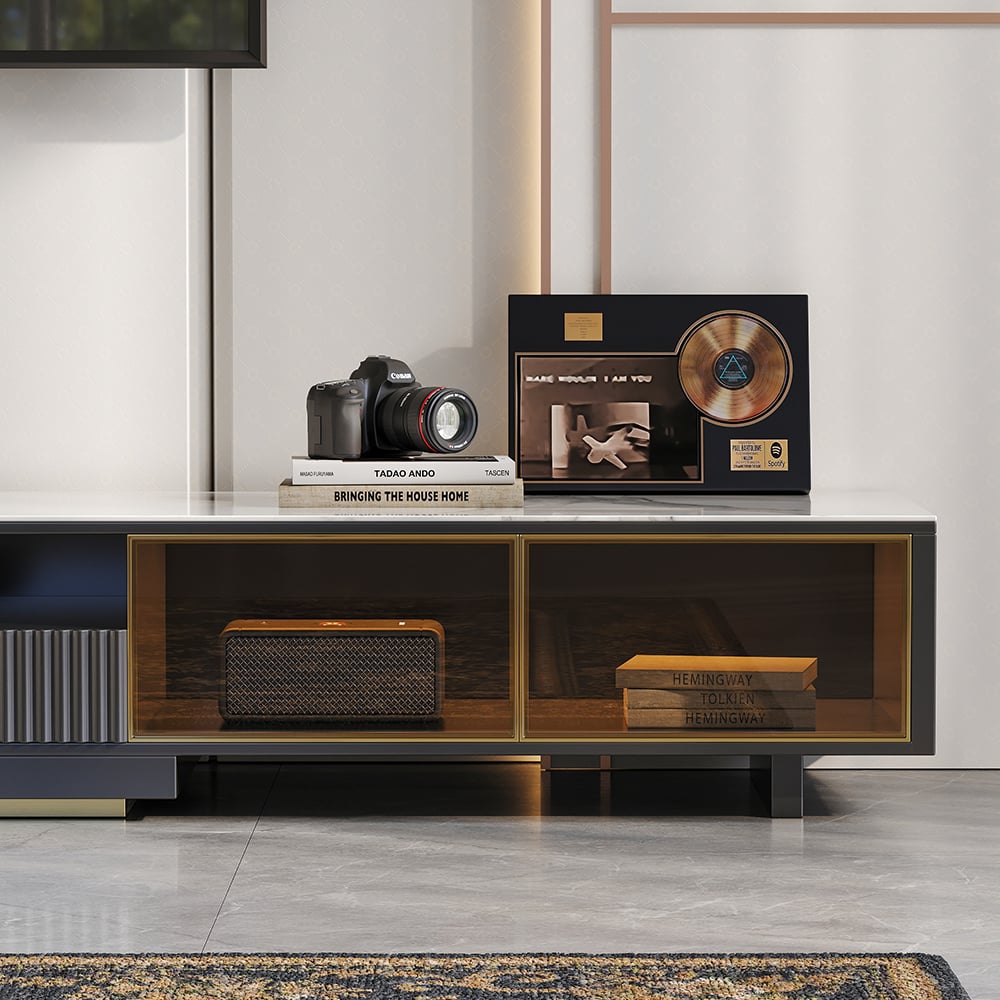Extendable TV Stand Black - glass door cabinets