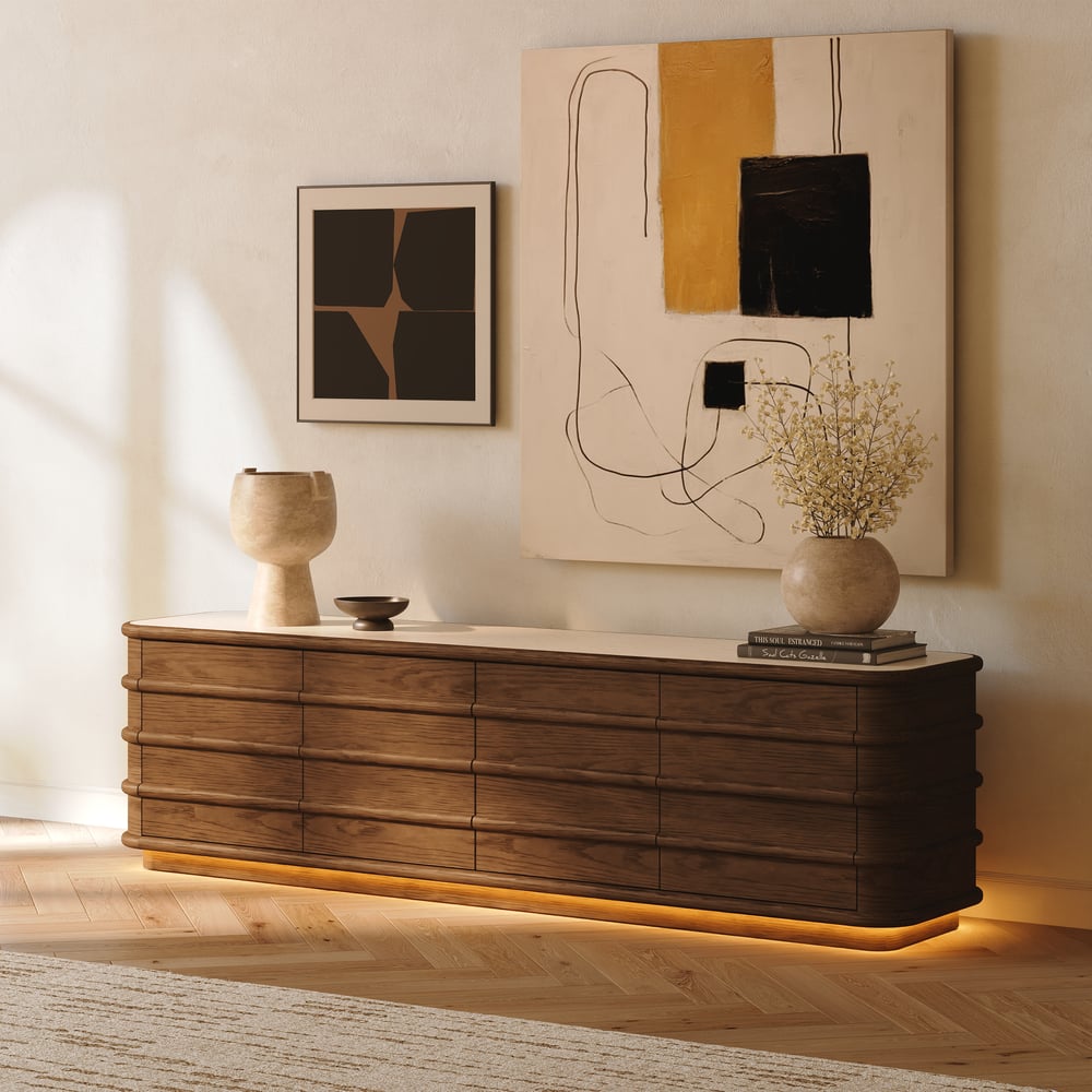 80 inch Ash Wood Walnut TV Stand with Sintered Stone Top - front view